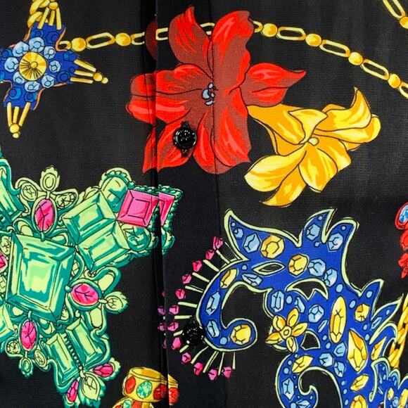 Size S Black Multi Color Floral Silk Pointed Collar Long Sleeve Shirt - Picture 3 of 6